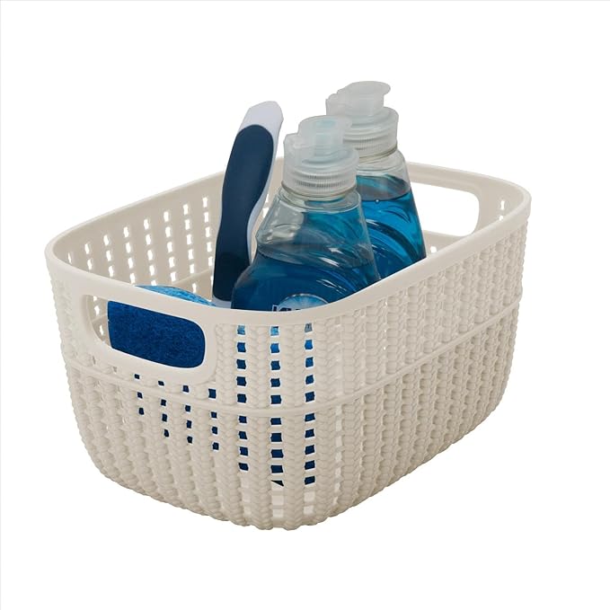 Simplify 2 Pack 2 Tone Sailor Knot Plastic Storage Tote | Decorative Basket | Closet Organization | De-clutter | Accessories | Toys | Bathroom Organization | Small | Ivory
