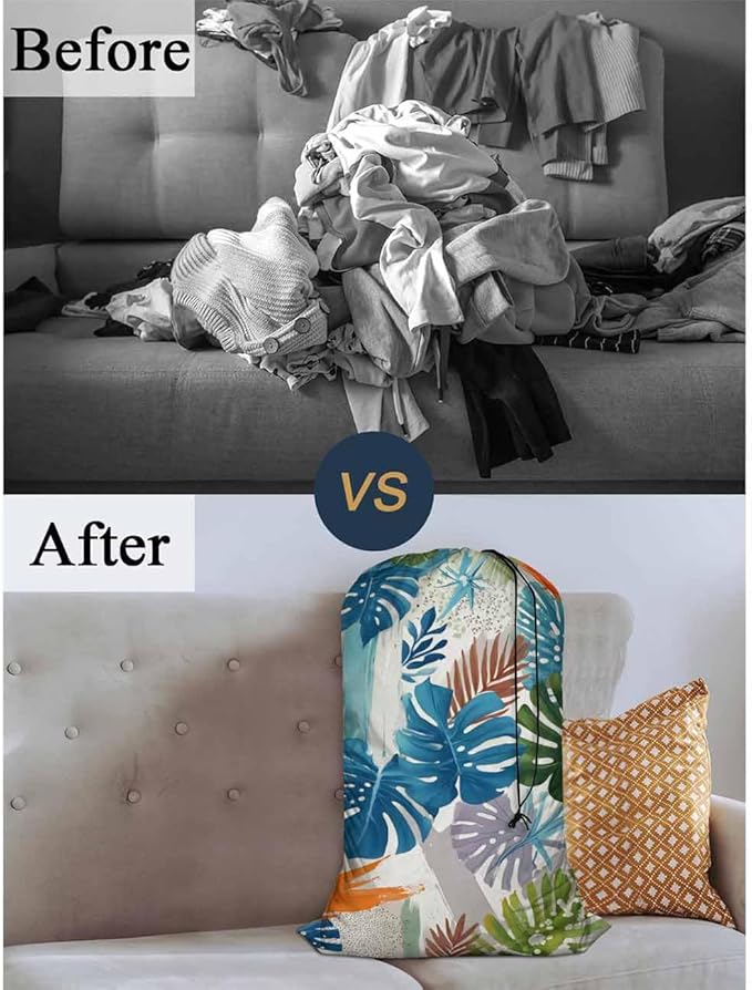 Swono Tropical Leaf Large Laundry Collapsible Laundry Bag Summer Exotic Brush Strokes Foldable Laundry Hamper Bag, Machine Washable, Oxford Cloth, Colorful