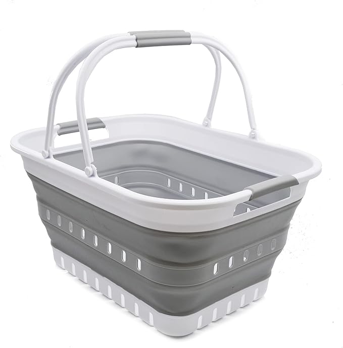 SAMMART 29L (7.6 Gallon) Collapsible Tub with Handle - Portable Outdoor Picnic Basket/Crater - Foldable Shopping Bag - Space Saving Storage Container (White/Grey, 1)