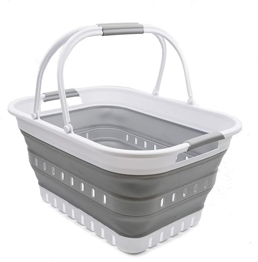 SAMMART 29L (7.6 Gallon) Collapsible Tub with Handle - Portable Outdoor Picnic Basket/Crater - Foldable Shopping Bag - Space Saving Storage Container (White/Grey, 1)