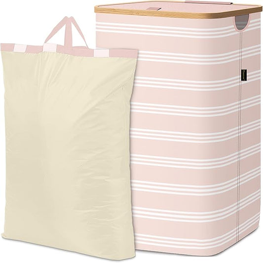 BALEINE Laundry Hamper with Lid, Tall Laundry Baskets with Bamboo Pull Handles, Large Laundry Bin with Internal Support (18 Gal/70L, Pink Pinstripe)
