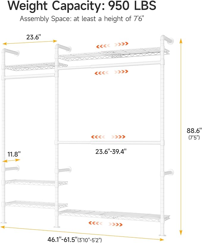 ONBRILL H2 Plus Expandable Wall Mounted Closet System, 3.8FT-5.1FT Closet Organizer with Telescopic Shelves & Adjustable Rods, Industrial Pipe Clothing Rack for Walk-in & Reach-in Closet (White)
