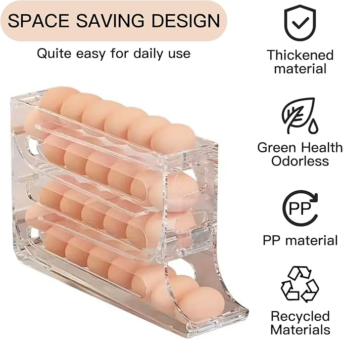 Automatic Rolling Egg Storage For Refrigerator,Fridge Organizer,Space Saving Refrigerator Egg Holder For Fridge,Egg roller holds 28 eggs,For Refrigerator,Kitchen,Cabinets,Tabl(transparent)
