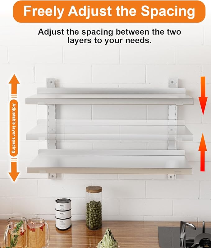 Stainless Steel Shelf, 31.5" x 12.6" Commercial Floating Wall Shelf with Brackets, 110Lbs Capacity, Adjustable Double-Layer Metal Heavy Duty Storage Rack for Restaurant, Kitchen Bar Home Hotel