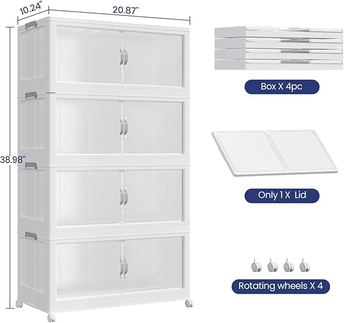 60Gal/240QT 4-Tiers Extra Large Stackable Storage Bins with Lid, Collapsible Cabinet Closet Organizer Plastic Container Box with Wheels Doors Drawers for Office Dorm Kitchen, White