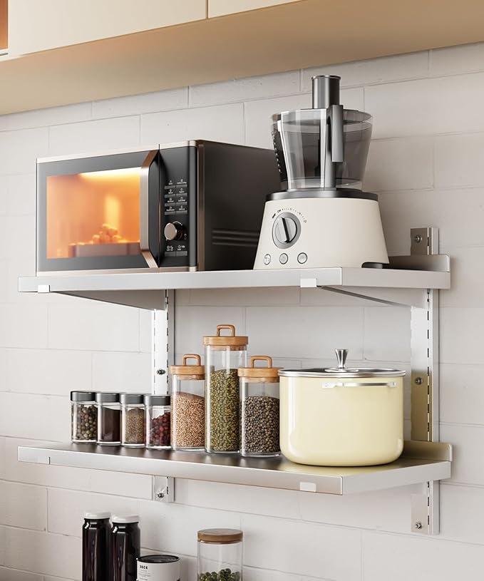 Stainless Steel Shelf, 47.2" X 12.6" Commercial Floating Wall Shelf with Brackets, 154Lbs Capacity, Adjustable Double-Layer Metal Heavy Duty Storage Rack for Restaurant, Kitchen Bar Home Hotel