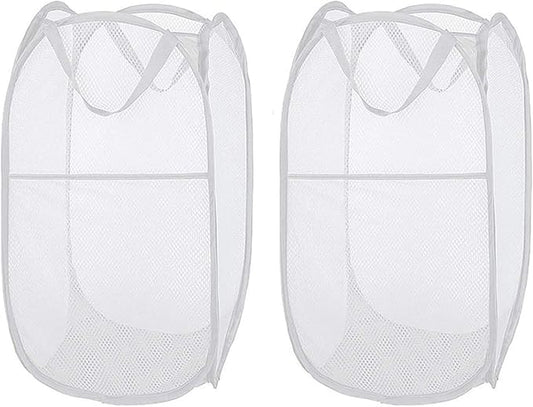 Larpur Pop Up Laundry Hampers, Portable Mesh Laundry Baskets, Collapsible Clothes Laundry Bin for Bedroom, Travel, Bathroom, College Dorm, White - 2 Pack