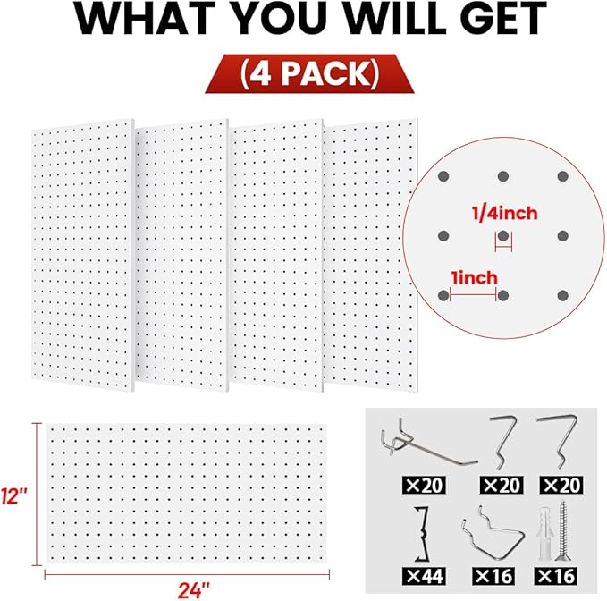 Metal Pegboard Wall Organizer System, 12x24 in Heavy-Duty Steel Peg Board with 38 Hooks, Modular Expandable Pegboard for Garage, Workshop & Home Organization (White, 4 Pack)