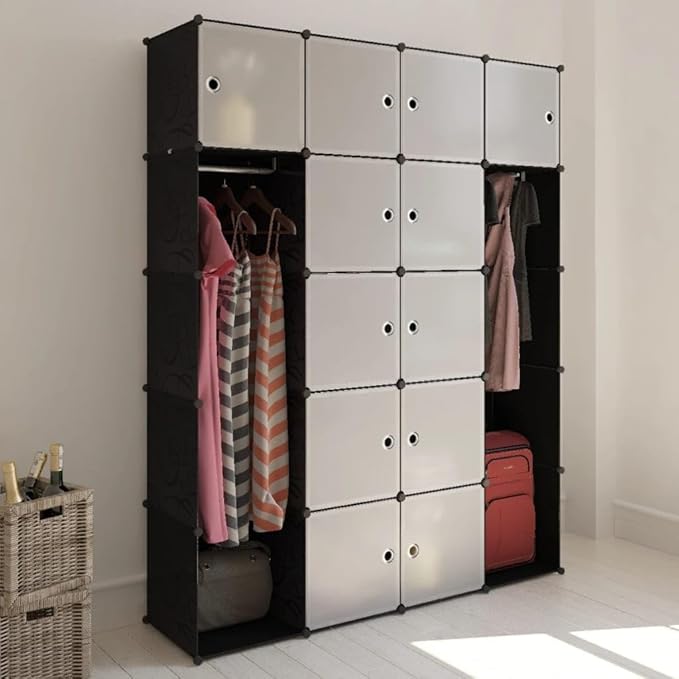 Modular Storage Cabinet Black and White Plastic Large with 14 Compartments for Home Organization and Durable Construction
