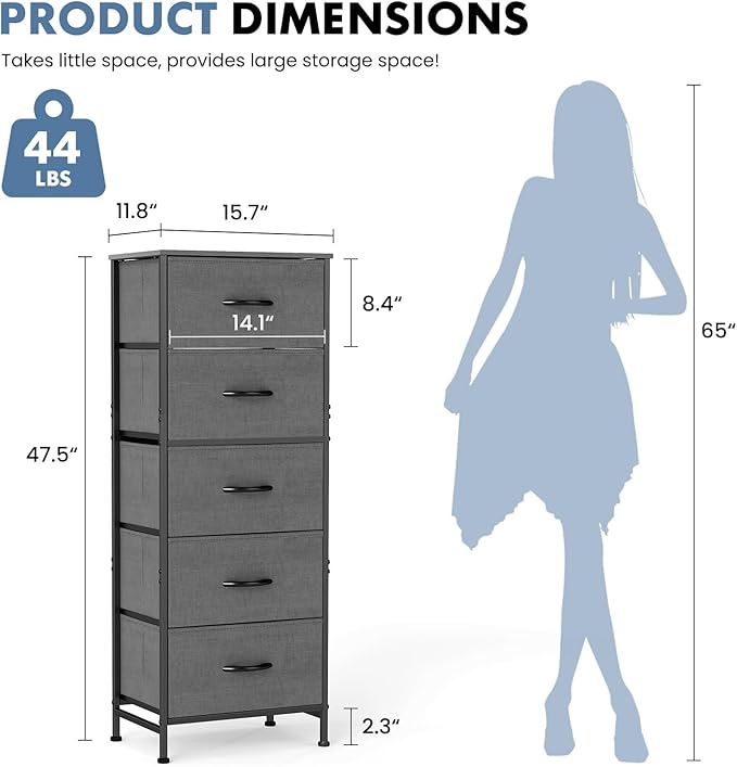 DUMOS Nightstand with 5 Drawers Bedside Table with Removable Fabric Bins Sturdy Steel Frame Wood Top Organizer Furniture for Bedroom Nursery Closet Living Room, Grey