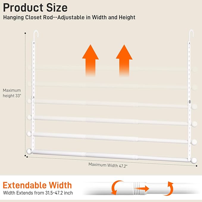 SUTINE Closet Rods for Hanging Clothes, Adjustable Metal Closet Extender Hanging Rod, Space-Saving Closet Rod Extender Clothes Hanging Bar, Closet Poles for Hanging Clothes (White, 31.5-47.2 IN)