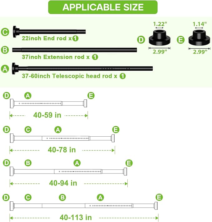 Long Tension Curtain Rod 40-113inch Black Curtain Rods no Drilling Adjustable Tension Rod for Windows,bathroom,Patio,Doorway,Heavy Duty Spring Rods Diameter 1.26inch