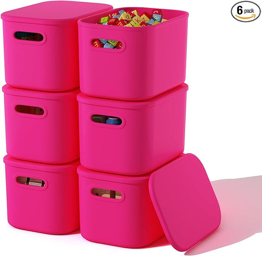 ORGIDOL 6 Pack Pink Storage Bins with Lids Stackable Storage Container for Organizing, Storage Boxes with Handle for Shelves, Cute Storage Bin for Craft, Snacks, 9.85x6.9x5.7 inch