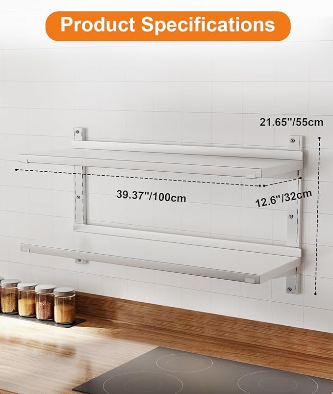 Stainless Steel Shelf, 39.4" x 12.6" Commercial Floating Wall Shelf with Brackets, 110Lbs Capacity, Adjustable Double-Layer Metal Heavy Duty Storage Rack for Restaurant, Kitchen Bar Home Hotel