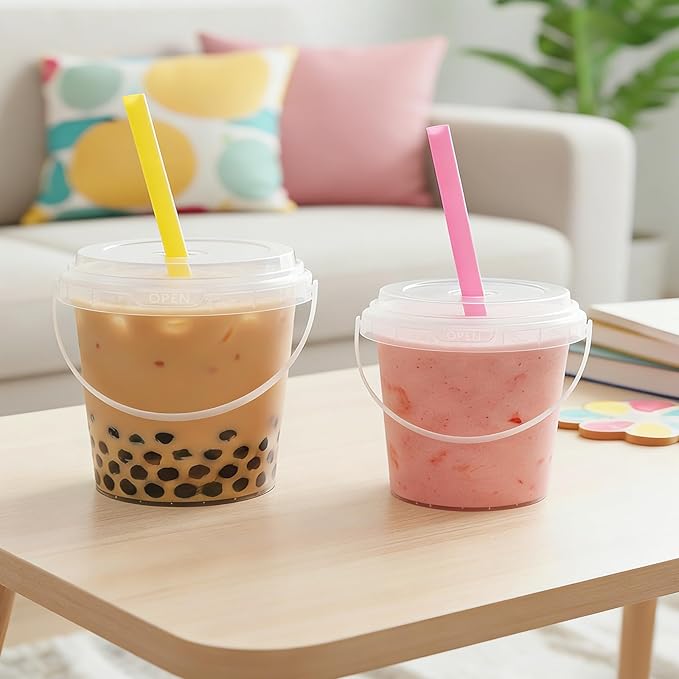 ASEVAT 12 Pack 17oz Clear Plastic Drink Buckets with Dual-Lid System, Reusable 0.5L Cups with Lids and Straws, Leakproof Bucket Cups for Boba Bubble Tea, Smoothies, Iced Coffee