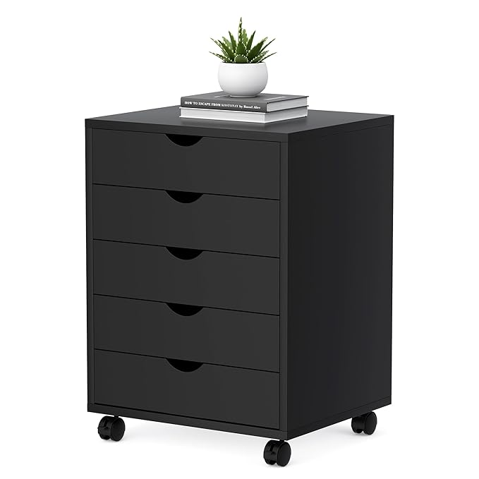 5 Drawer Mobile File Cabinet Under Desk Storage Organization with Wheels Vertical Filing Chest Rolling Wood Small Desk Printer Stand for Home Office, Black