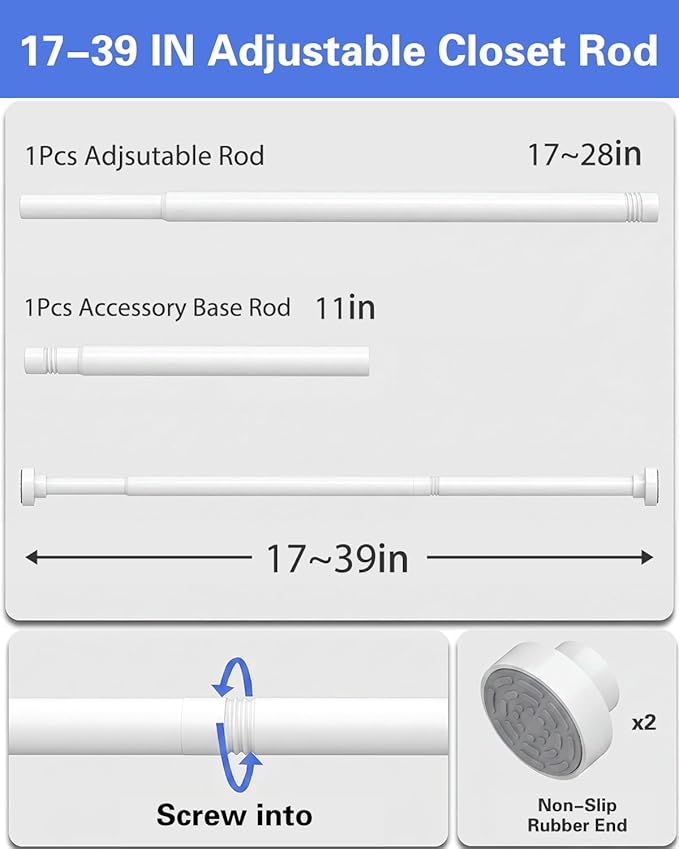 Supforce No Drilling Closet Rods for Hanging Clothes, Non Slip Tension Rod with Heavy Duty Clothes Hanging Rod, 17-39 Inches Adjustable Spring Closet Rod for Closet Wardrobe Bathroom Laundry RV, White