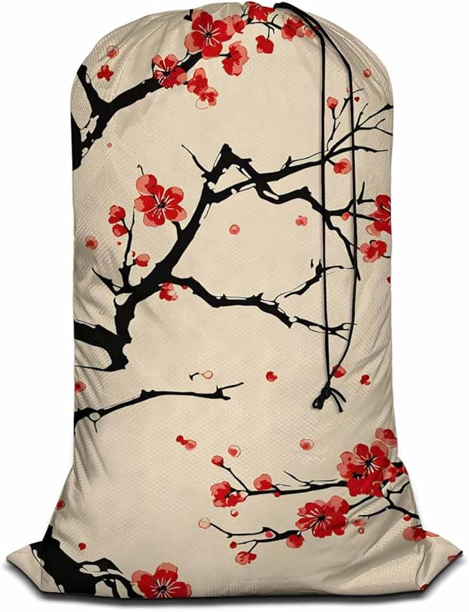 Swono Cherry Blossom Heavy Duty Large Laundry Bags 1 Pack, 28x40 inch Red Floral Branches Spring Blooming Drawstring Travel Organizer Bag, Tear Resistant Dirty Cloth Storage, 4 Loads of Clothes, Beige