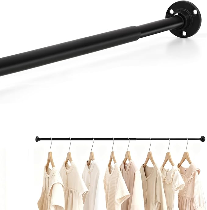 TYRON Small Thin Skinny Closet Rod for Hanging Clothes, 1/2" Diameter, 18 to 30 In. Adjustable Slim Closet Rod, Metal Closet Bar Hanging Rod for Closet Wardrobes Laundry RV (Black,1 Pcs)