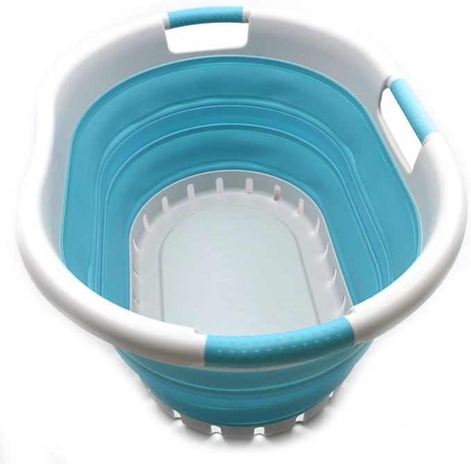 SAMMART 36L (9.5 gallon) Collapsible 3 Handled Plastic Laundry Basket-Foldable Pop Up Storage Container/Organizer-Space Saving Basket (3 handled Oval, Grey/Bright Blue)