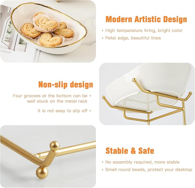 Ceramic Fruit Bowl for Kitchen Counter - 3 Tier Fruit Basket with Metal Stand, Tiered Fruit Stand for Countertop, Snack, Nuts, Cake, Dessert, Cute (Gold-rimmed, Small)