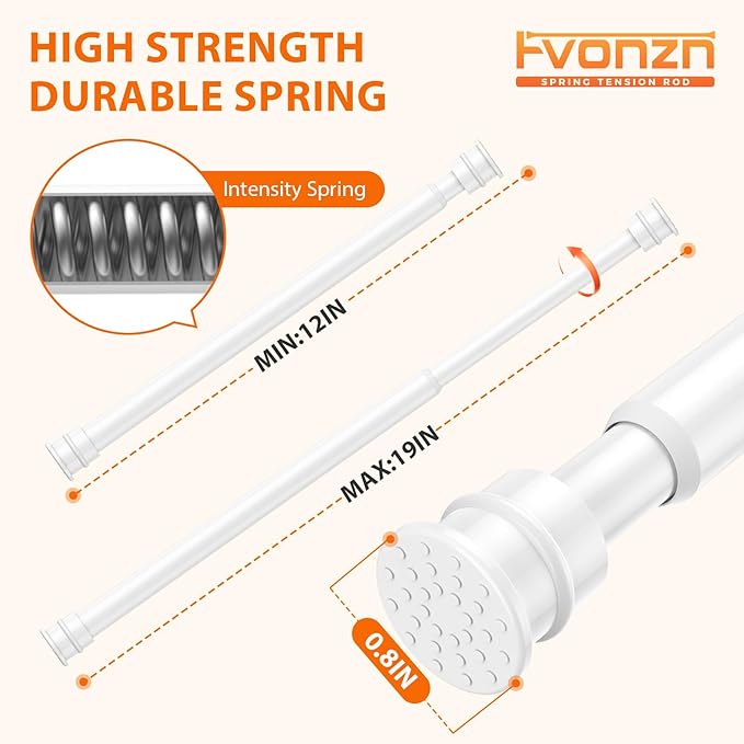 Fvonzon 6 Pack Small Tension Rods 12-19 Inch, Thin Tension Curtain Rods for Windows, Spring Rod for Closet, Cabinet & Kitchen, Mini Curtain Rod Tension Fit, Tiny Skinny Compression Rods White