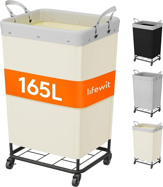 Lifewit 165L Laundry Basket with Wheels, Large Heavy Duty Commercial Rolling Laundry Hamper with Handles, Tall Steel Frame Laundry Cart for Laundry Room Bedroom Hotel Home Dorm, White
