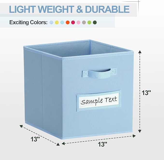 artsdi 13x13x13 storage cube bins (Set of 10) Fabric storage cubes with 10 Labels Window Cards & a Pen, storage cubes 13x13, Collapsible 13 inch cube storage bins, Cubby Organizer Boxes, Pastel Blue