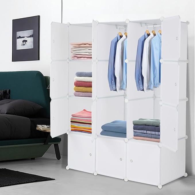 12 Cube Storage Organizer, Stackable Storage Shelves with Hanging Rod Customizable Closet Cabinet Durable Steel Frame Multi-Use DIY Design 13.8 inch Panels Max 10lb Capacity per Cube White