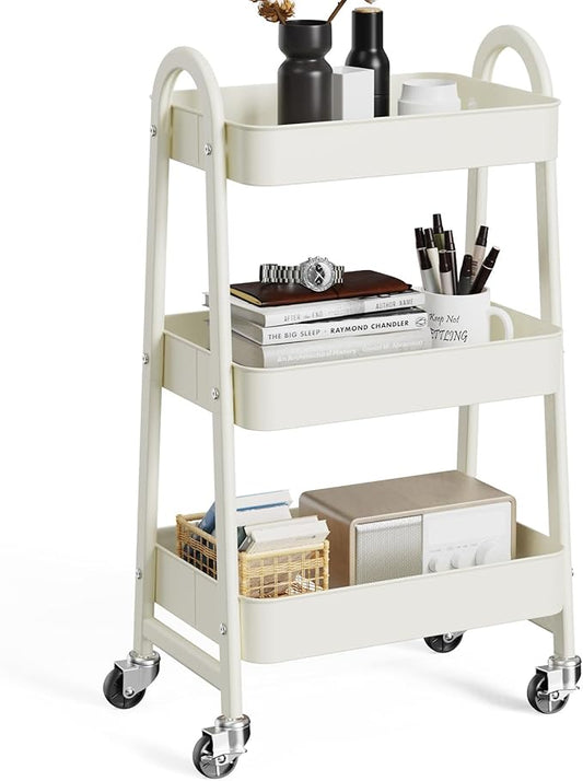 OLIXIS Metal 3 Tiers Utility Rolling Cart, Mobile Storage Shelf with Lockable Caster Wheels, Organization for Livingroom, Bathroom & Narrow Places, White