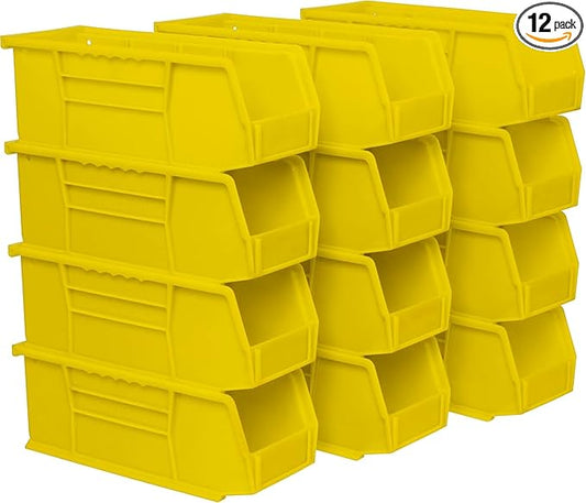 Akro-Mils 30224 AkroBins Plastic Storage Bins, Space-Saving Stackable Bins for Garage, Pantry, Craft Organization, 11" L x 4" W x 4" H, Yellow, 12-Pack