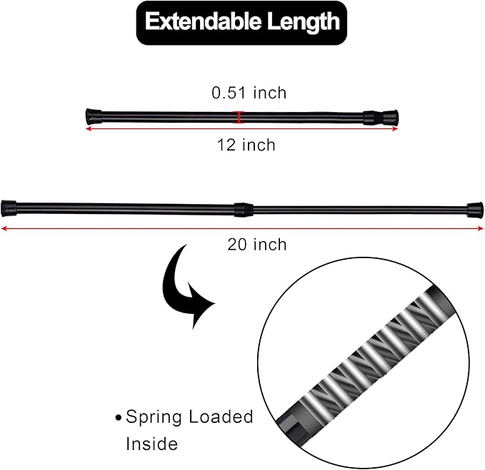 SIQUK 6 Pack Cupboard Bars Adjustable Spring Tension Rods Black Refrigerator Bar Extendable Rod for DIY Projects, 12 to 20 Inches