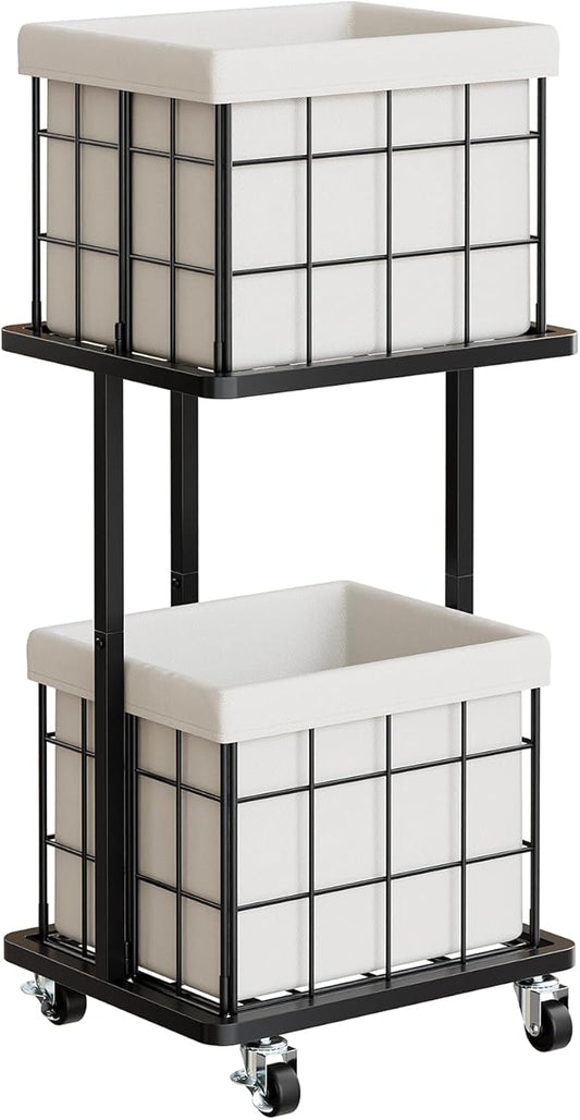 80L Vertical Rolling Laundry Hamper with Removable Bags, 2 Section Laundry Basket with Wheels, Slim Tall 2 Tier Laundry Sorter for Small Spaces, Dorm, Bathroom, Laundry Room, Closet, White