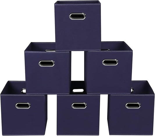 Navy Blue Fabric Storage Bins, 11x11x11, Set of 6, Foldable Cube Bins for Cloth or Accessory Storage