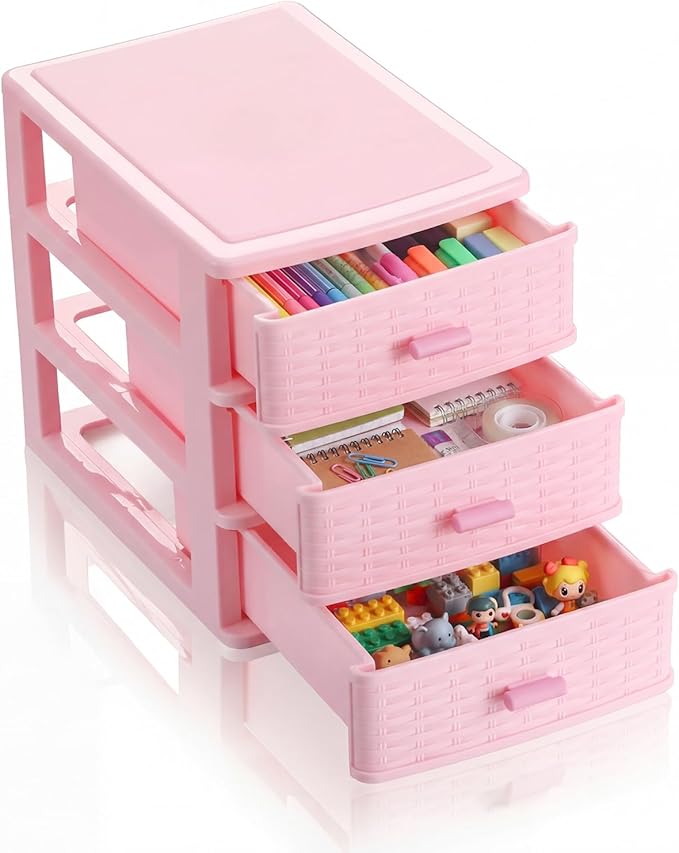 Small Storage Desk Wicker Weave Drawer 3 Drawers Plastic Storage Mini Plastic Weave Drawer Unit with Pull Handles Desk Organizer for Office Supplies Craft Countertop Makeup Bathroom(Pink)