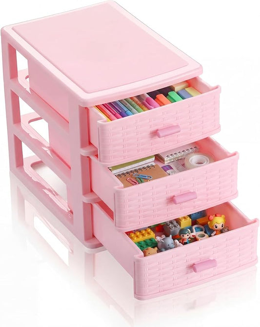 Small Storage Desk Wicker Weave Drawer 3 Drawers Plastic Storage Mini Plastic Weave Drawer Unit with Pull Handles Desk Organizer for Office Supplies Craft Countertop Makeup Bathroom(Pink)