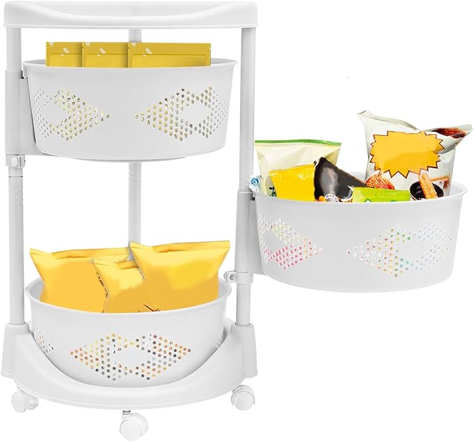 Fruit Basket for Kitchen, 5 Tier Circular Rotating Basket Large Storage Rack with Wheels, Standing Shelf Storage, Multi-Layer Storage Shelves with Top Lid for Living Room, Office, White (3-Tier)
