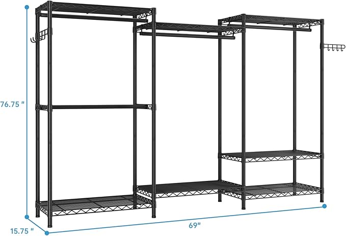 Golpart Heavy Duty Garment Rack Clothes Rack,Large Metal Closet Organizer System Storage Wardrobe,Freestanding Clothing Rack with 8 Adjustable Wire Shelves&4 Hang Rods,MaxLoad 800lbs