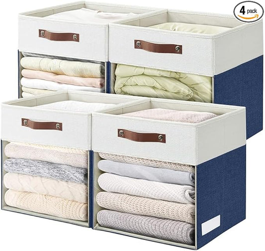 Bagnizer Storage Cubes, 4 Pack Linen Foldable Storage Bins (13 x 13 inch) with Clear Window and Handles, Fabric Organizer for Shelf Closet, Clothes, Books - (Navy Blue and White)