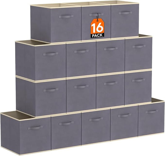 Lifewit Storage Cubes, Foldable Decorative Fabric Storage Baskets for Organizing Home Organizers with Handles for Shelves, Closet, 11 Inch Bins, 18L Gray, 16 Packs