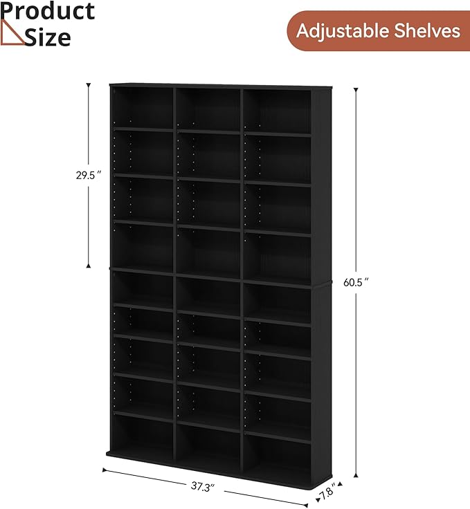 DVD Storage Shelf, 8-Tier Media Storage Cabinet with Adjustable Shelves for CDs, DVDs, Video Games, DVD Stand Tower for Living Room, Bedroom, Office, Black