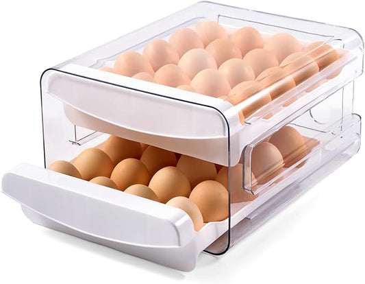 Luckore Egg Container Holders Dispenser for Refrigerator 40 Eggs, 2 Tier Clear Stackable Holder Tray with Drawer for Fridge, Storage Container with Handles for Refrigerator, Countertop