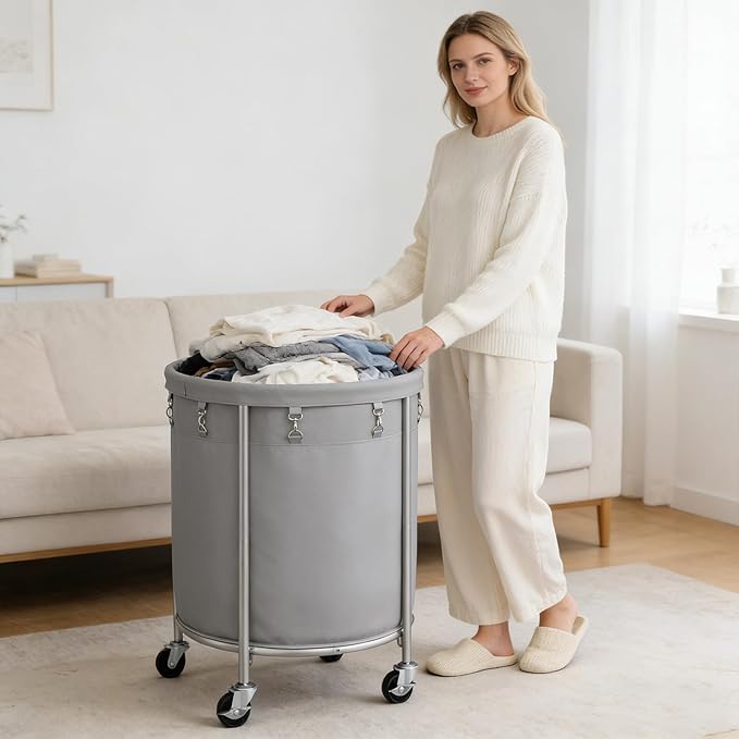 ELYKEN 190L Laundry Basket with Wheels, Large Rolling Laundry Hamper with Removable Liner Bag, Round Rolling Laundry Cart, Dirty Clothes Hamper for Hotel, Home, Closet, Dorm, Gray