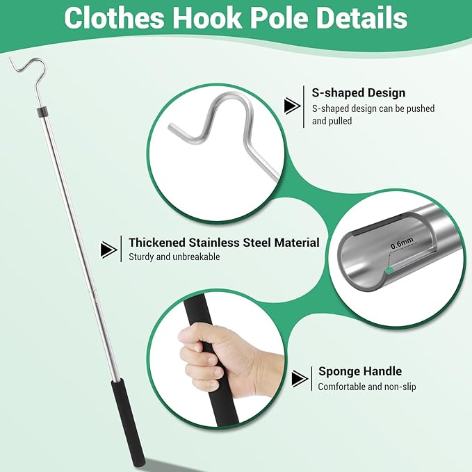 Clothes Hook Pole, High Reach Garment Hook for Hanging Clothes Light and Plants Extendable from 35" to 50" Made of Stainless Steel Tube with Sponge Handle(1)