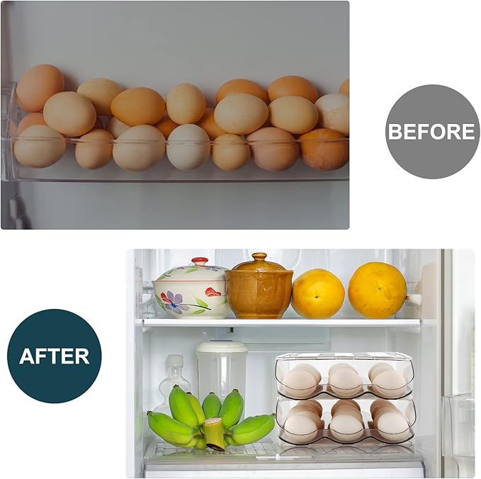MesRosa Egg Holder for Fridge, Automatically Rolling Egg Storage Container for Refrigerator,Large Capacity Egg Organizer for Fridge with Lid,Clear Plastic Dispenser, Tray & Bin -1 Layer
