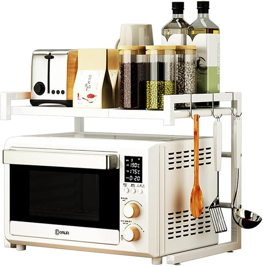 PUSDON Adjustable Carbon Steel Microwave Oven Rack, 2-Tier with 3 Hooks, 55lbs Weight Capacity, White