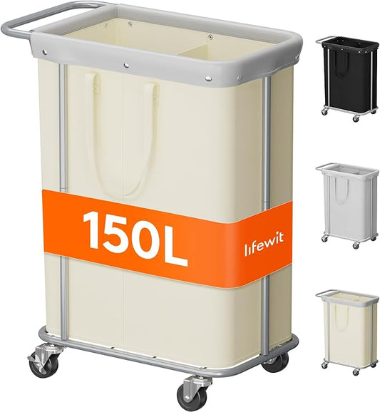 Lifewit 150L Large Laundry Basket with Wheels, Tall 2 Section Laundry Hamper Organizer, Rolling Laundry Cart with Steel Frame & Removable Bag for Luandry Room Bathroom Bedroom, White