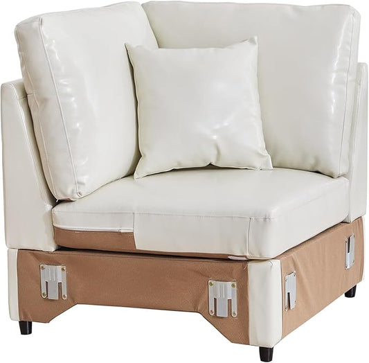 LEVNARY Modular Corner Chair, Faux Leather Upholstered Single Corner Seat for Sectional Sofas (White)