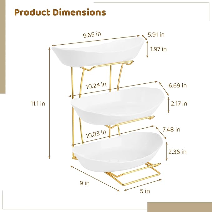 OMISTAR 3 Tier Fruit Bowl for Kitchen Counter, Gold Metal Stand Tiered Fruit Basket, ABS Serving Bowls, 11.2 in Lightweight Luxury Multi-Layer Snack Rack for Home Living Room