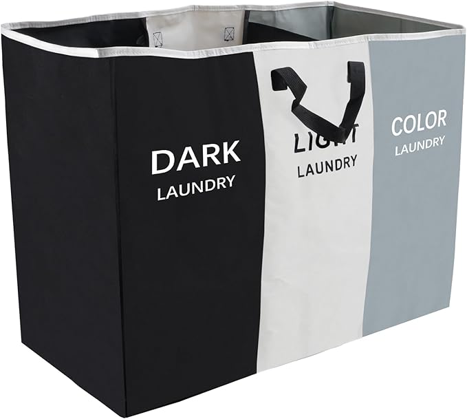 168L Laundry Hamper, Large Blanket Storage Basket Sorter 3 Section Bag Organizer for Dirty Clothes - Toys - Towel,15 X 23 X 28 inch Heavy Duty Laundry Cart Baskets (Black and white gray bag)